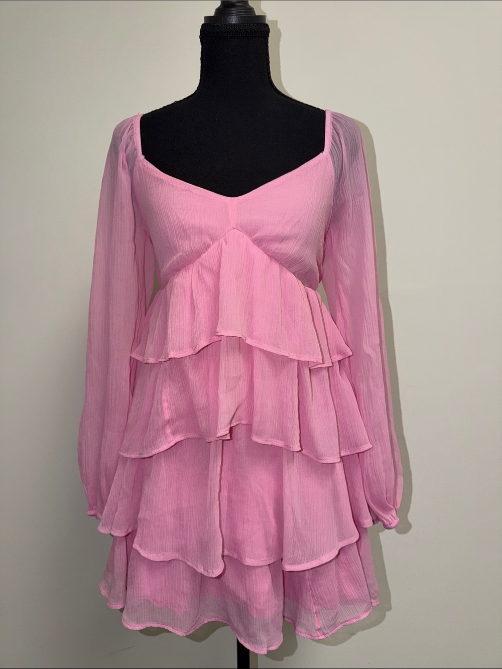 Abercrombie & Fitch Pink Tiered Chiffon Long-Sleeve Dress